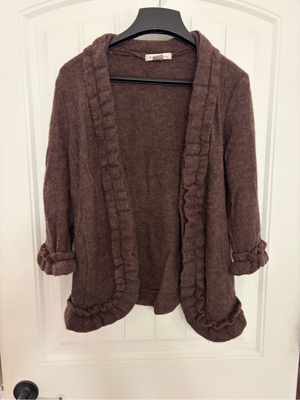 Susan Bristol wool Cozy Women’s Wool Brown Ruffled Open Cardigan Sweater